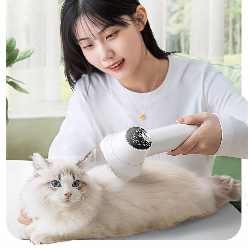 Person using a grooming tool on a cat with product features listed above