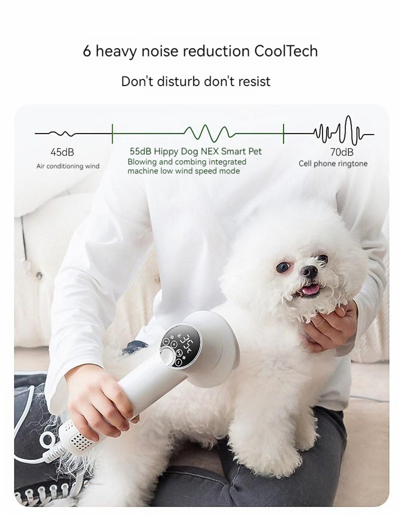 Person holding a white dog and a white grooming tool with text about noise reduction technology.