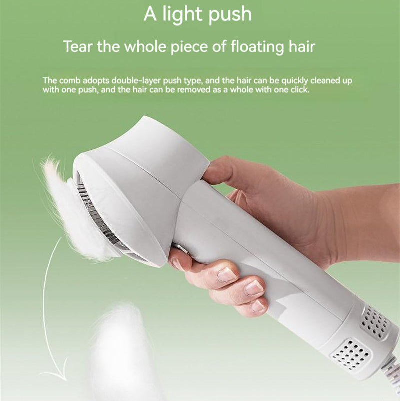 Hand holding a white hair removal device with text on a green background