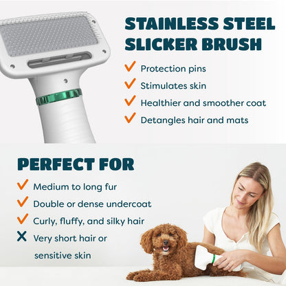 Stainless steel slicker brush with benefits listed and a woman grooming a dog.