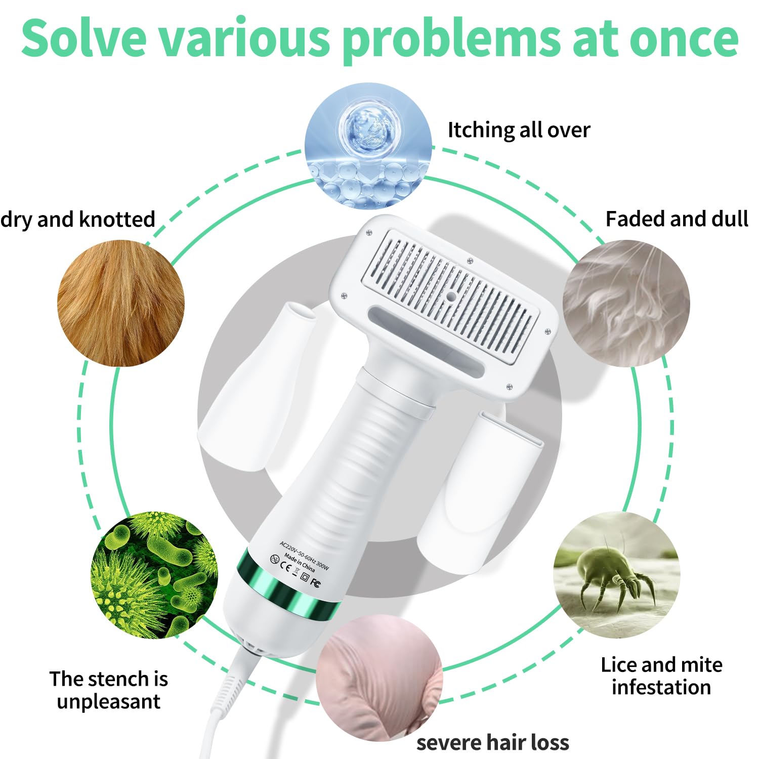 Hair care device with solutions for various hair issues on a white background