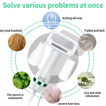 Hair care device with solutions for various hair issues on a white background