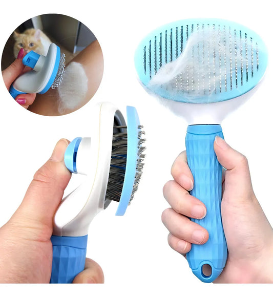 Pet grooming brush with close-up of use on a cat, held by hands.