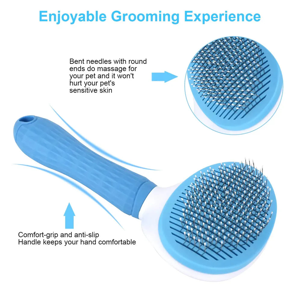 Pet grooming brush with blue bristles and handle on a white background, featuring text about its design.