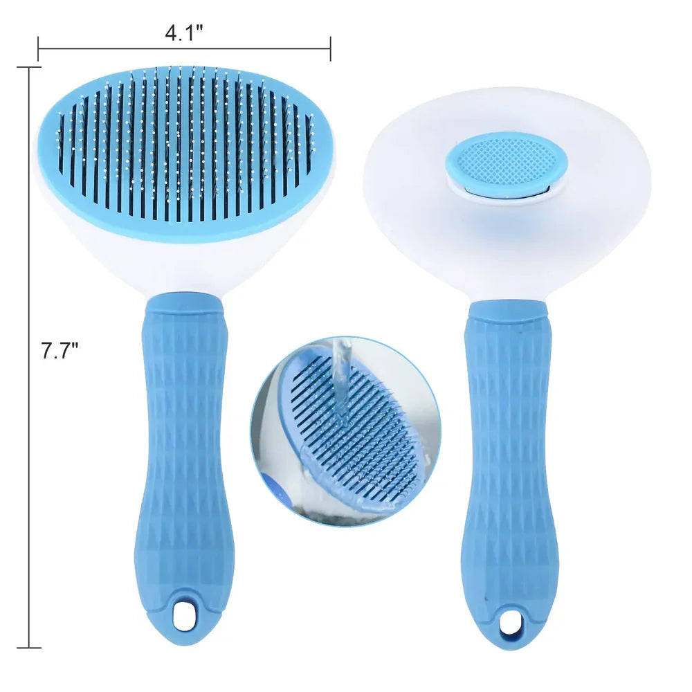 Pet grooming brush with blue bristles and white handle, shown from multiple angles with measurements.