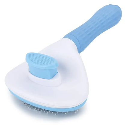 Blue and white pet grooming brush on a white background