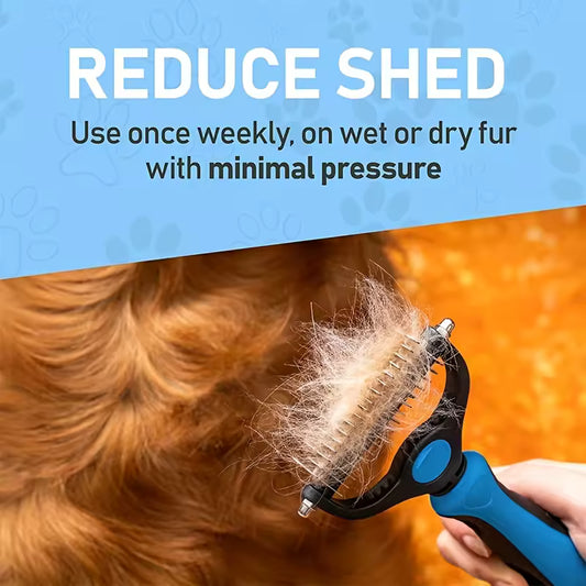 Dog grooming tool with collected fur, against a blue and orange gradient background.