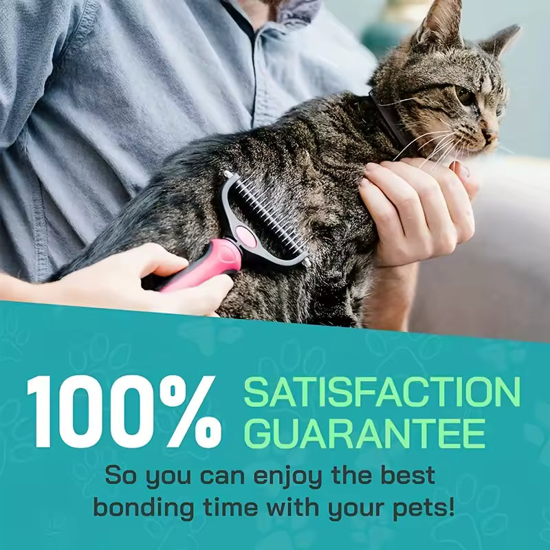 Person grooming a cat with a brush, featuring a satisfaction guarantee text overlay.