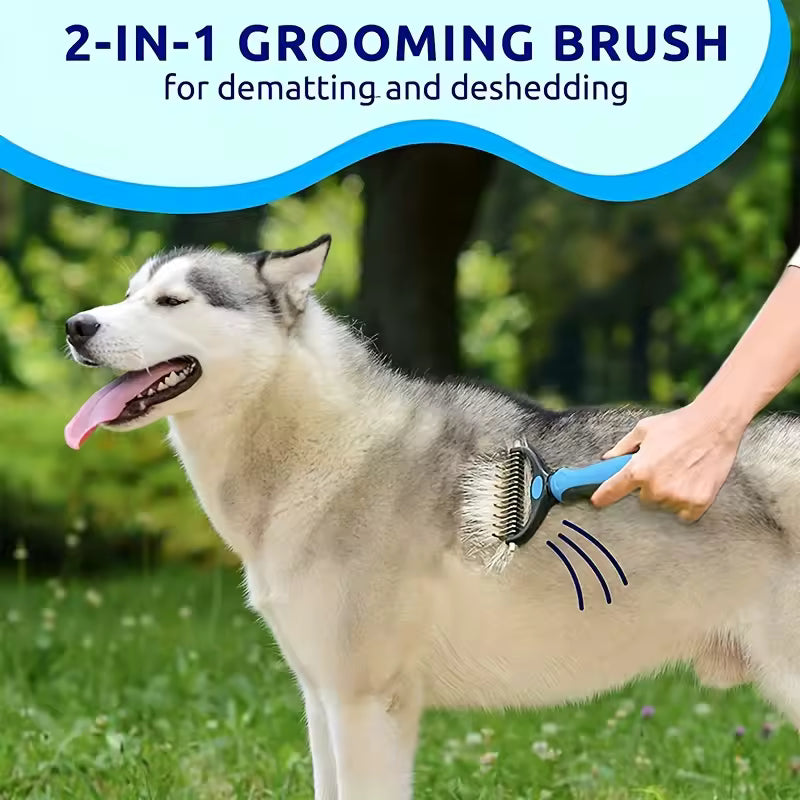 Dog being groomed with a 2-in-1 grooming brush in an outdoor setting
