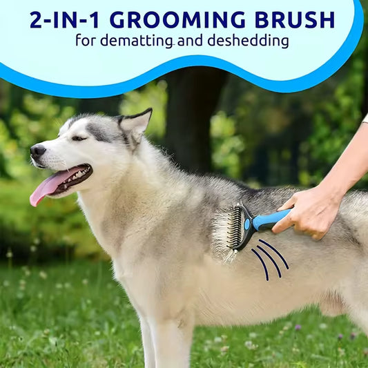 Dog being groomed with a 2-in-1 grooming brush in an outdoor setting