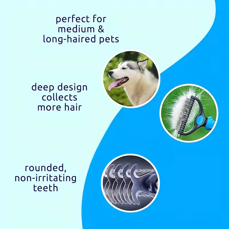 Pet grooming brush with text highlighting features for medium and long-haired pets on a blue background.